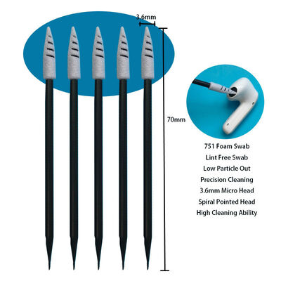 751 Lint Free Black Handle Spiral Pointed Car Cleaning Detailing Swab Foam Tip Cleanroom Swab for Headset Cleaning